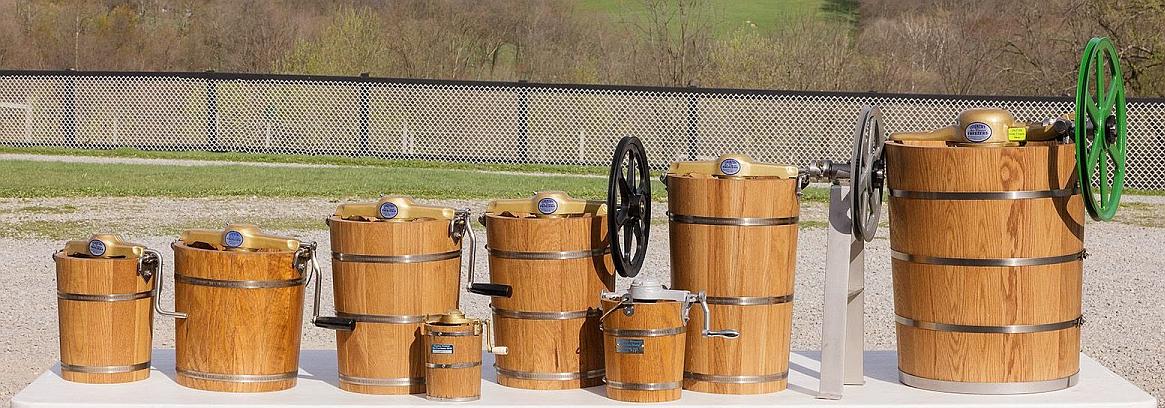 view of all country Freezer ice cream makers for 20 quart down to 1 quart.